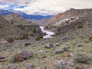 Preview wallpaper river, mountains, stones, landscape, view