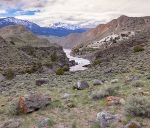 Preview wallpaper river, mountains, stones, landscape, view