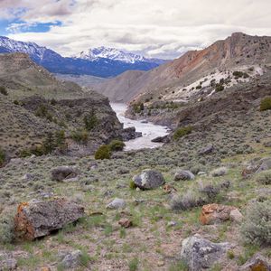 Preview wallpaper river, mountains, stones, landscape, view