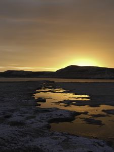 Preview wallpaper river, mountains, sunset, dusk, nature