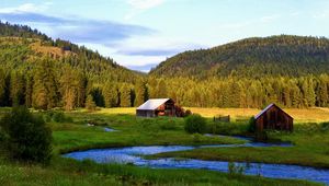 Preview wallpaper river, mountains, trees, grass