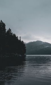Preview wallpaper river, mountains, trees, shore, dark