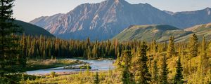 Preview wallpaper river, mountains, trees, valley, landscape, summer