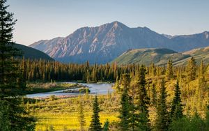 Preview wallpaper river, mountains, trees, valley, landscape, summer