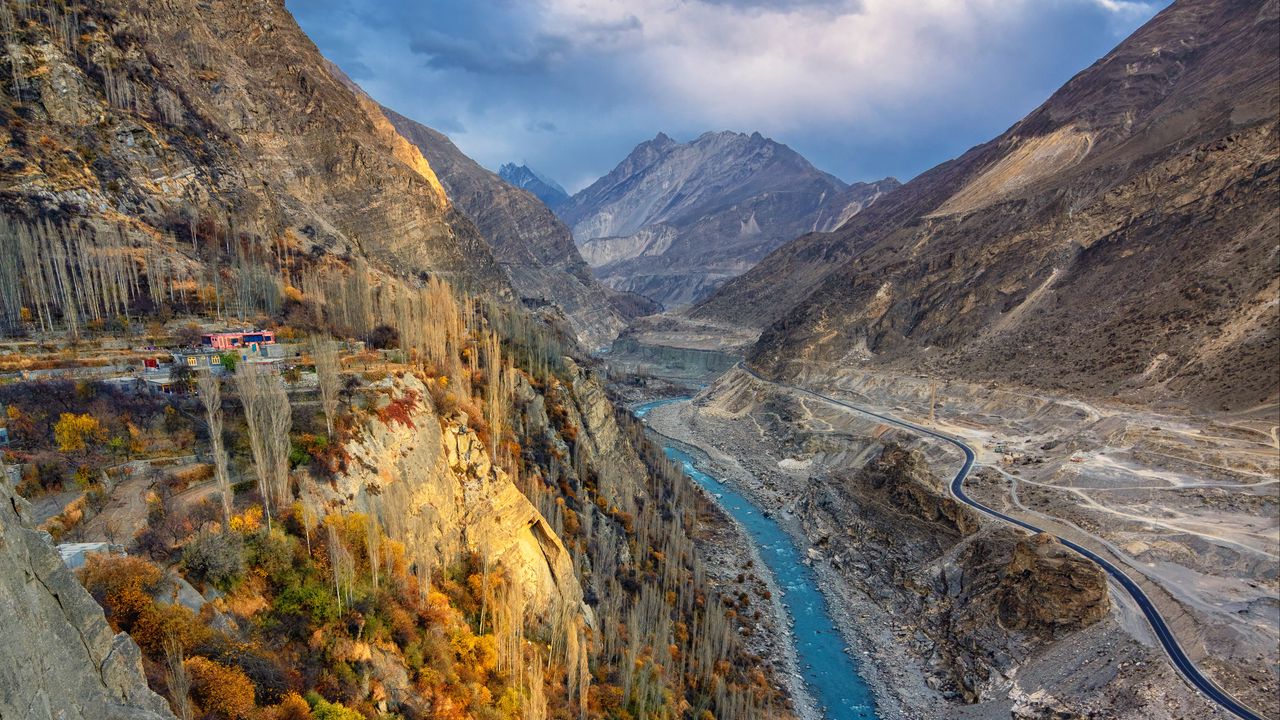 Wallpaper river, mountains, trees, relief, clouds