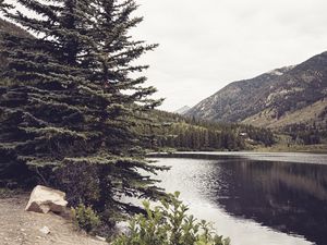 Preview wallpaper river, mountains, trees, coast, landscape, hills