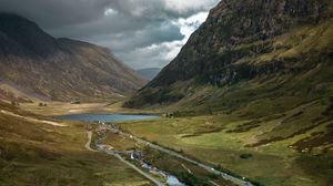 Preview wallpaper river, mountains, valley, aerial view, landscape