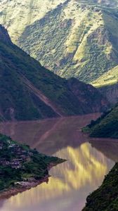 Preview wallpaper river, mountains, village, aerial view, landscape, nature