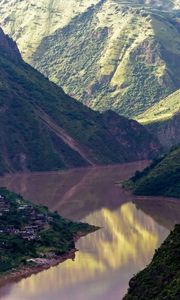 Preview wallpaper river, mountains, village, aerial view, landscape, nature