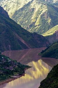 Preview wallpaper river, mountains, village, aerial view, landscape, nature
