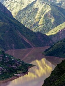 Preview wallpaper river, mountains, village, aerial view, landscape, nature