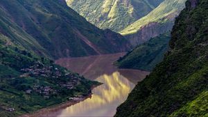 Preview wallpaper river, mountains, village, aerial view, landscape, nature