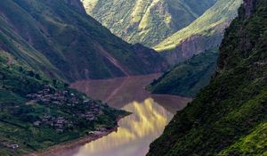 Preview wallpaper river, mountains, village, aerial view, landscape, nature
