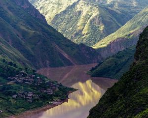 Preview wallpaper river, mountains, village, aerial view, landscape, nature