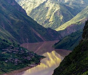 Preview wallpaper river, mountains, village, aerial view, landscape, nature