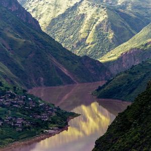 Preview wallpaper river, mountains, village, aerial view, landscape, nature