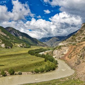 Preview wallpaper river, mountains, winding, distance