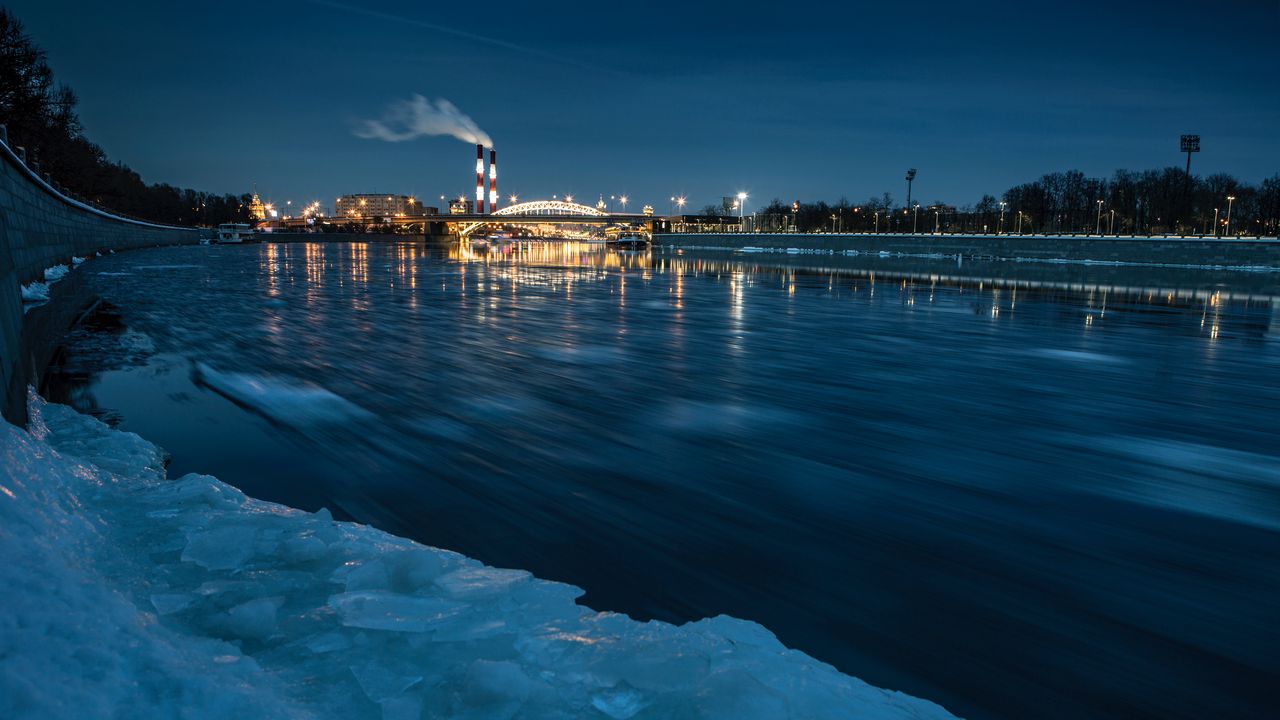 Wallpaper river, night city, lights, ice, frozen