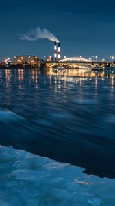 Preview wallpaper river, night city, lights, ice, frozen