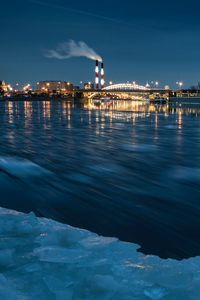 Preview wallpaper river, night city, lights, ice, frozen