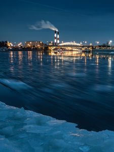 Preview wallpaper river, night city, lights, ice, frozen