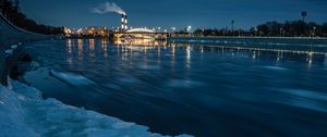Preview wallpaper river, night city, lights, ice, frozen