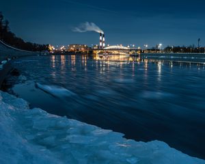 Preview wallpaper river, night city, lights, ice, frozen