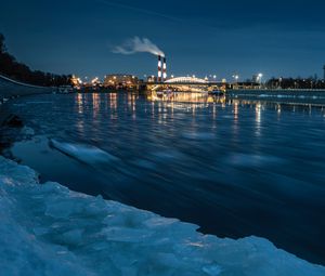 Preview wallpaper river, night city, lights, ice, frozen