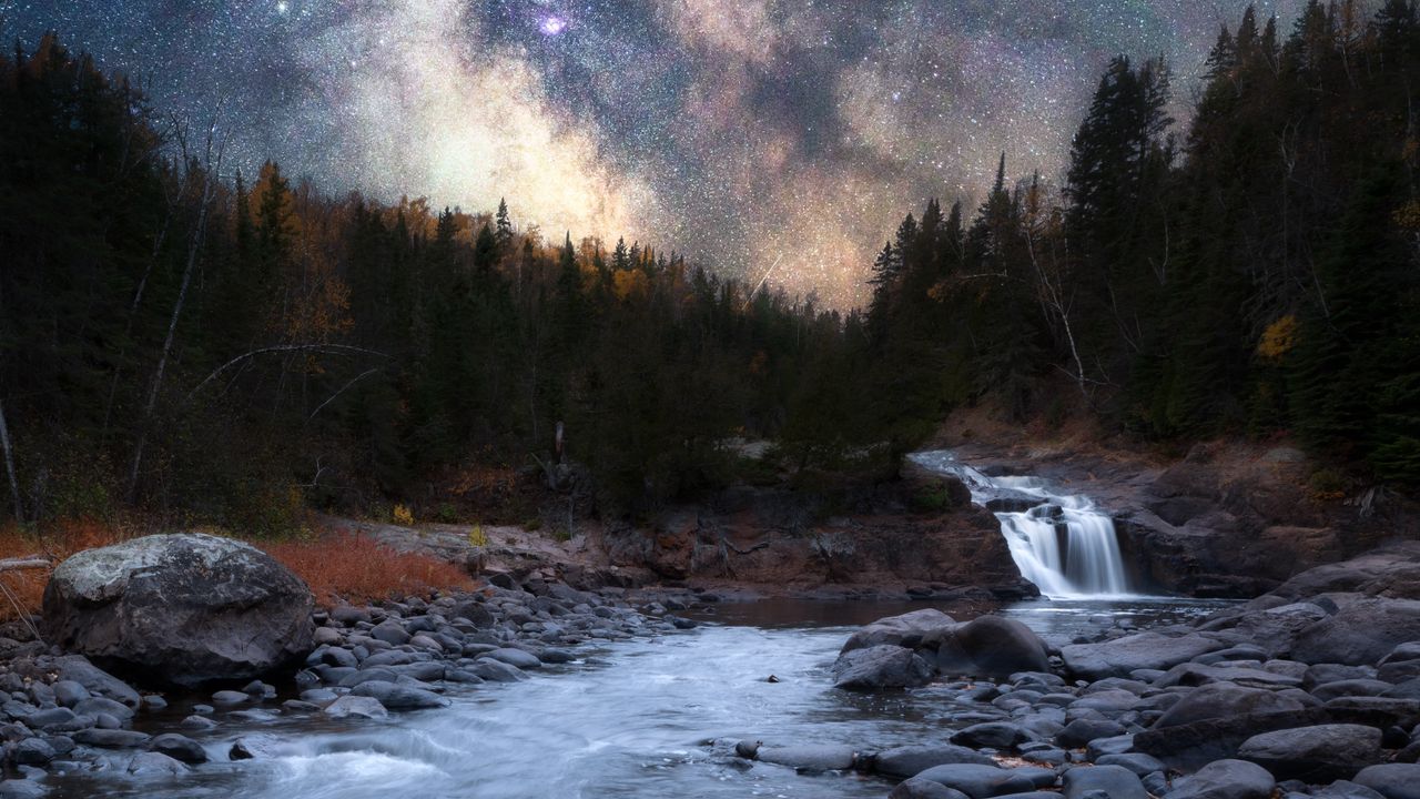 Wallpaper river, night, starry sky, trees, water, nature