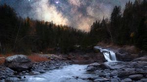 Preview wallpaper river, night, starry sky, trees, water, nature