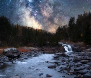 Preview wallpaper river, night, starry sky, trees, water, nature