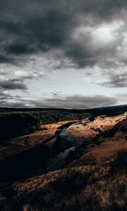 Preview wallpaper river, over, aerial view, clouds, cloudy