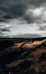 Preview wallpaper river, over, aerial view, clouds, cloudy