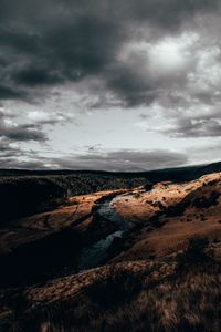 Preview wallpaper river, over, aerial view, clouds, cloudy