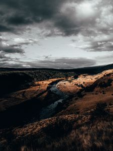 Preview wallpaper river, over, aerial view, clouds, cloudy