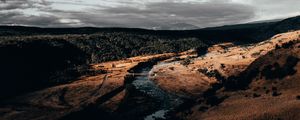 Preview wallpaper river, over, aerial view, clouds, cloudy