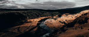 Preview wallpaper river, over, aerial view, clouds, cloudy