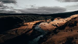 Preview wallpaper river, over, aerial view, clouds, cloudy