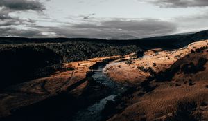 Preview wallpaper river, over, aerial view, clouds, cloudy