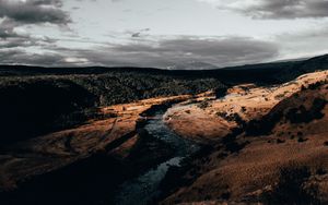 Preview wallpaper river, over, aerial view, clouds, cloudy