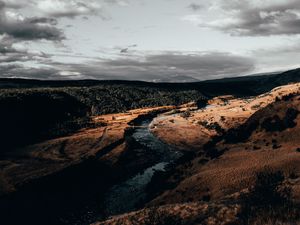 Preview wallpaper river, over, aerial view, clouds, cloudy