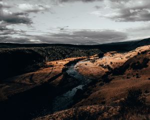 Preview wallpaper river, over, aerial view, clouds, cloudy