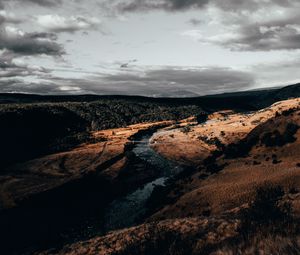 Preview wallpaper river, over, aerial view, clouds, cloudy