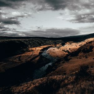 Preview wallpaper river, over, aerial view, clouds, cloudy