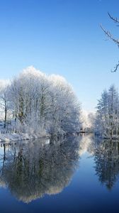 Preview wallpaper river, park, winter, trees, hoarfrost, reflection