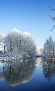 Preview wallpaper river, park, winter, trees, hoarfrost, reflection