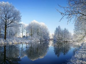 Preview wallpaper river, park, winter, trees, hoarfrost, reflection