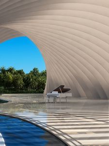 Preview wallpaper river, piano, arch, art, water, musical instrument