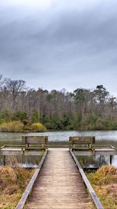 Preview wallpaper river, pier, trees, nature, landscape