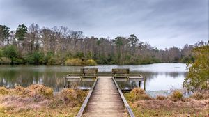 Preview wallpaper river, pier, trees, nature, landscape